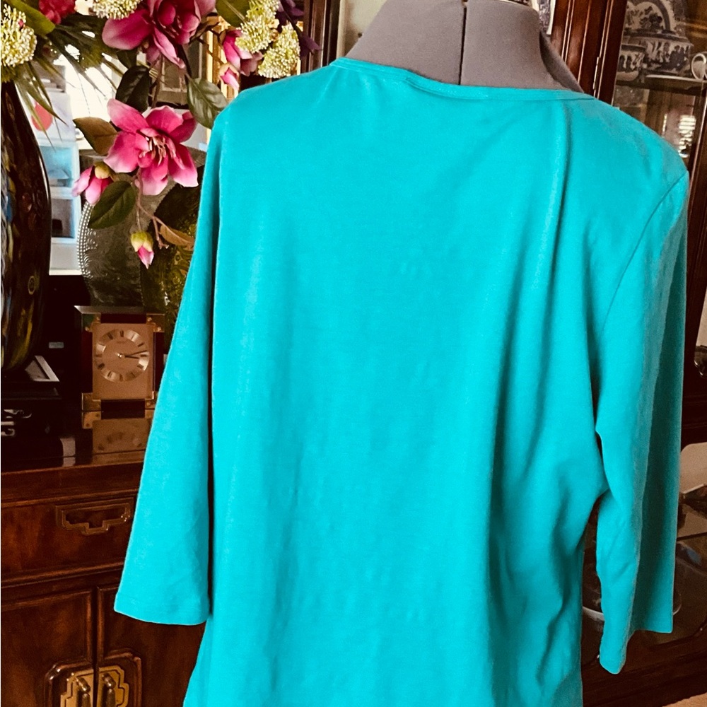 Women’s VINTAGE Teal Long-Sleeve Top with SSSequin Floral Accent - Picture 2 of 4